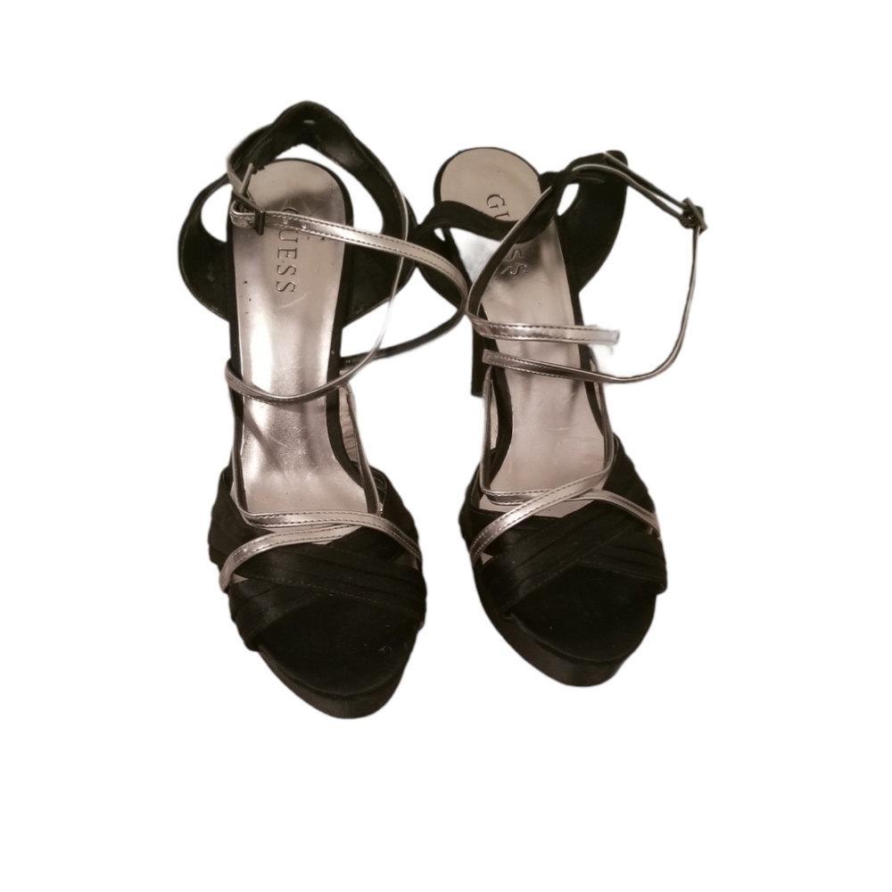 SOLD! GUESS Peep Toe Silver Blk stilletto 9 1/2 - Picture 2 of 7